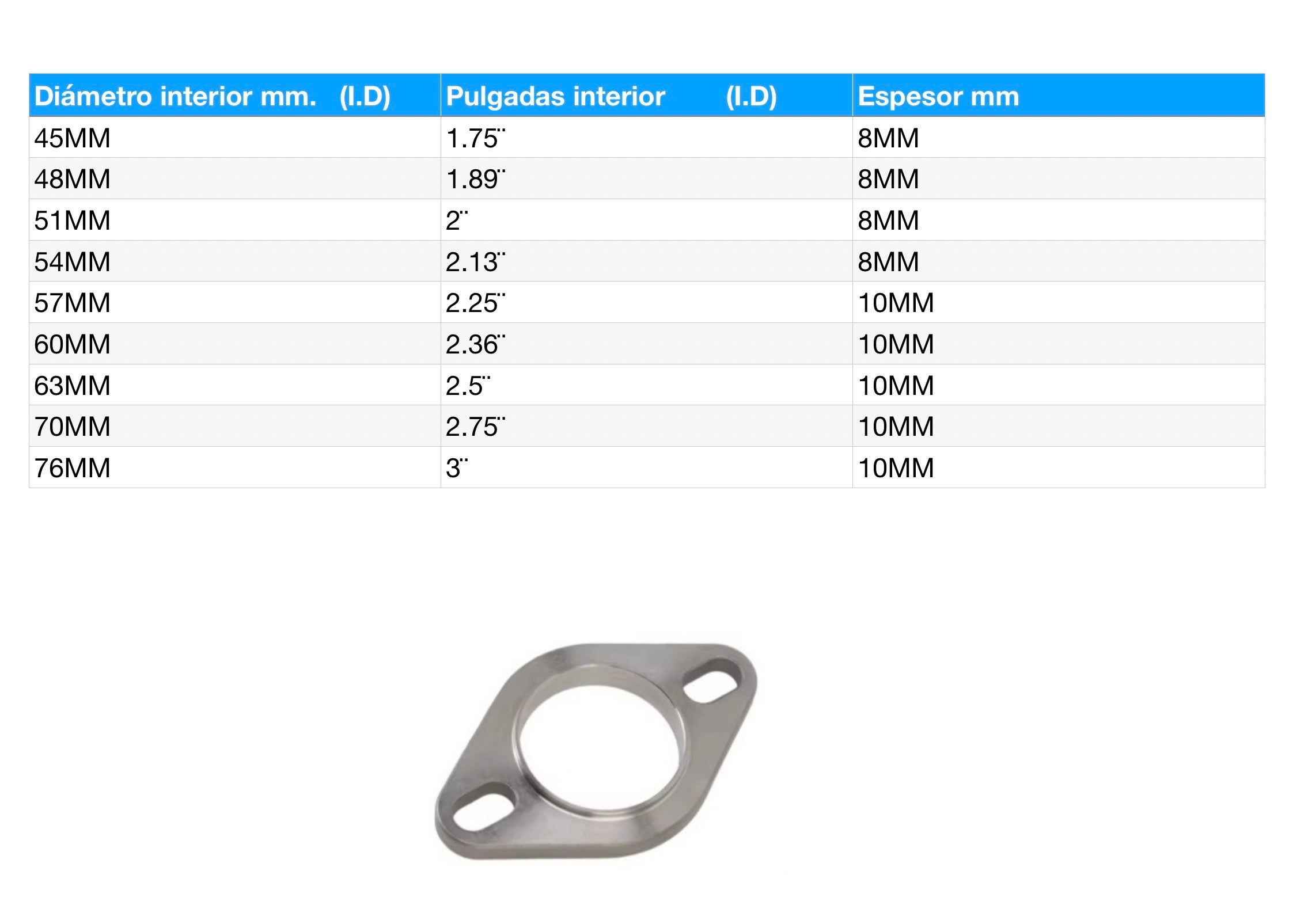 Brida de escape de 2 agujeros en acero inoxidable 304.